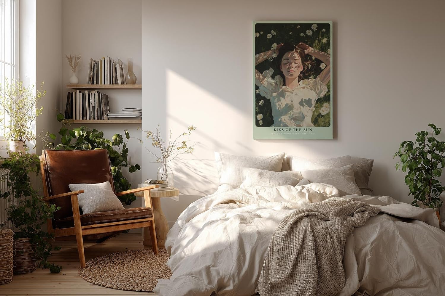 Paul Sinus Wandbild in 40x60cm Kiss of the Sun – Liegendes Porträt einer jungen Frau auf einer Wiese voller Gänseblümchen, im Sonnenlicht badend