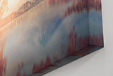 Sinus Art Wandbild 120x80cm Blick auf schneebedeckten Fuji hinter rosa Blüten über stillem Wasser