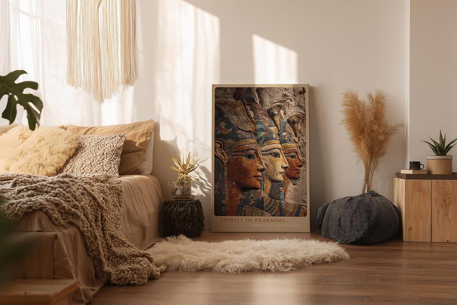 Paul Sinus Wandbild in 40x60cm Trinity of Pharaohs – Drei ägyptische Herrscher im kunstvollen Relief mit Gold-, Blauund Erdtönen
