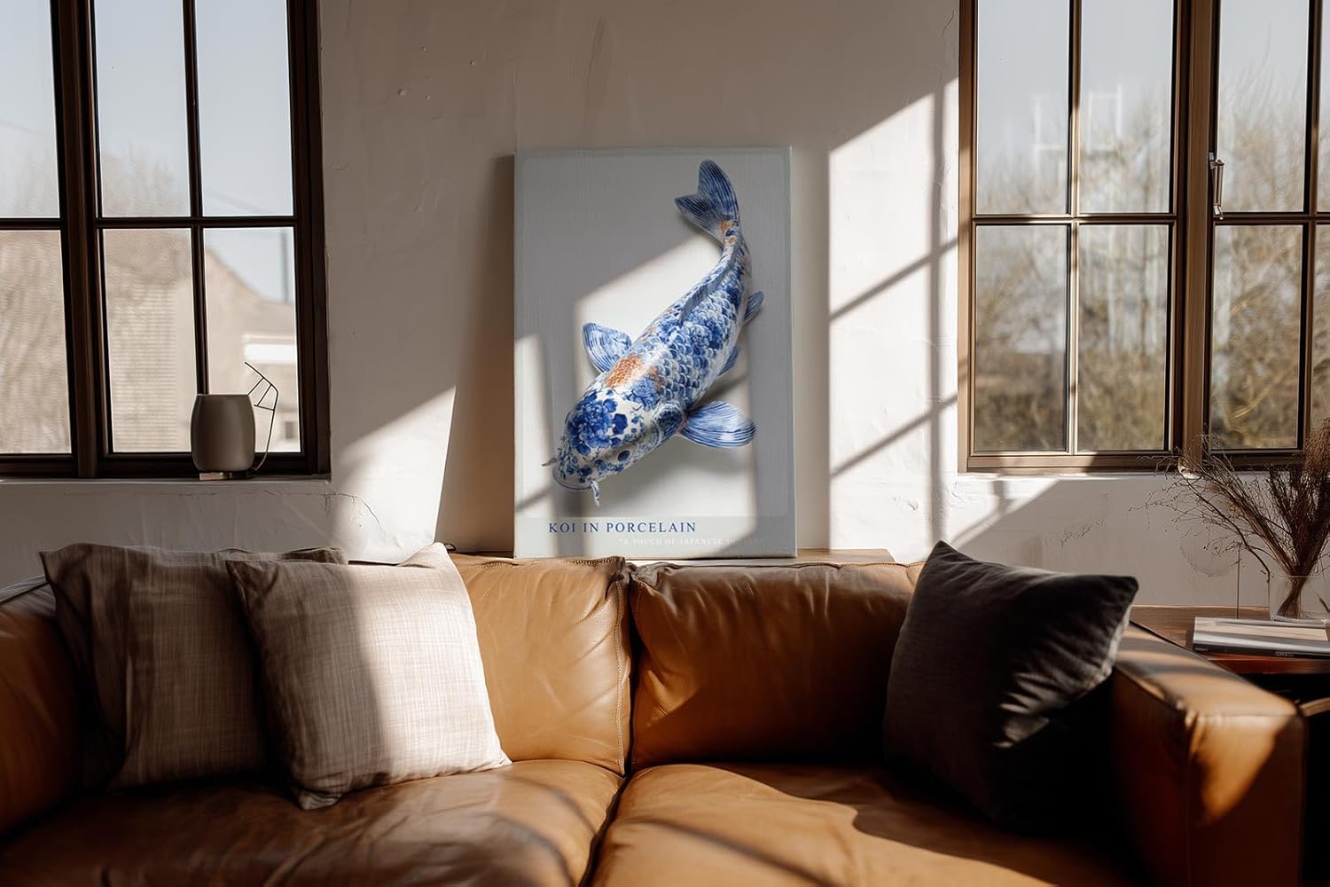 Paul Sinus Wandbild in 40x60cm Koi in Porcelain – kunstvoller Koi-Fisch in Blau-Weiß mit feinen Porzellanmustern und dezentem Farbakzent