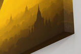 Sinus Art Wandbild 120x80cm Heißluftballons schweben über Pagoden im warmen Licht eines goldenen Himmels