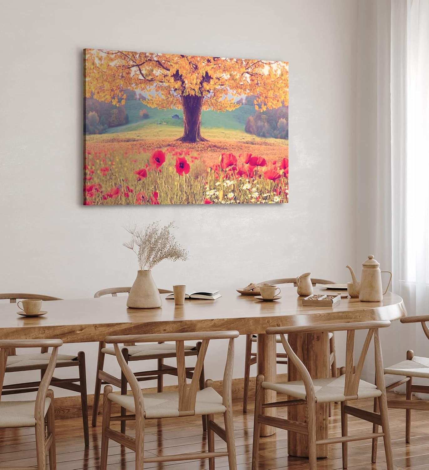 Wandbild 120x80cm Baum Eiche Rote Blumen Blüten Sommer Natur Wildblumen