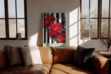 Paul Sinus Wandbild in 40x60cm Pop Botanica – Rote Pfingstrosen vor schwarz-weißem Streifenmuster