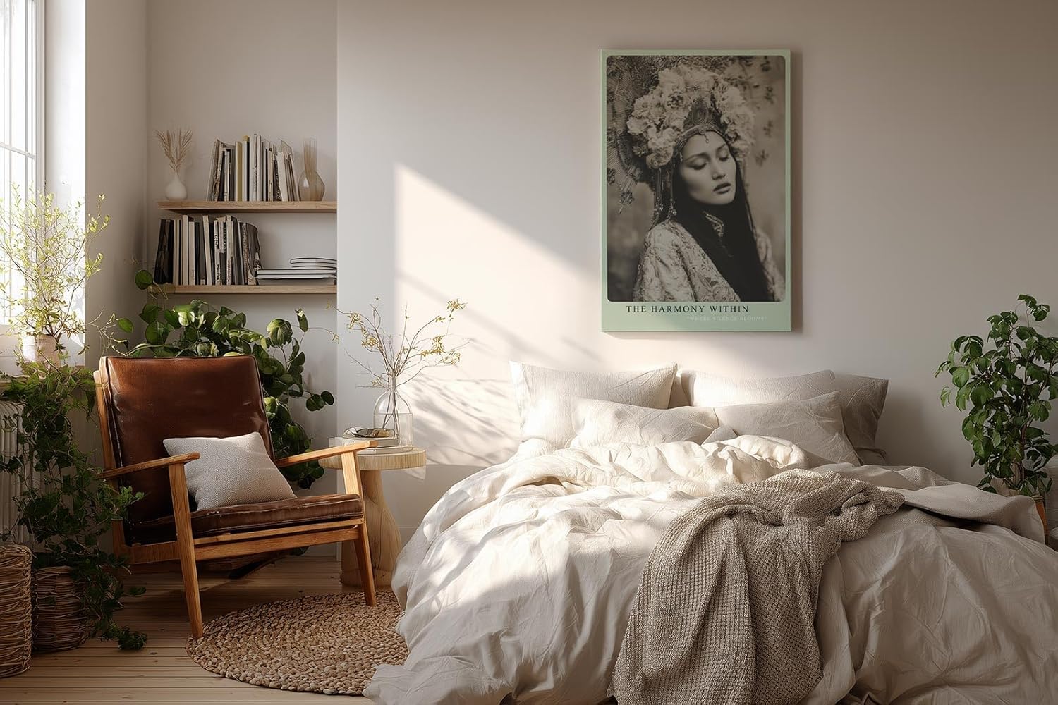 Paul Sinus Wandbild in 40x60cm The Harmony Within Monochromes Frauenporträt mit floralem Kopfschmuck und traditioneller Kleidung für harmonische Raumgestaltung