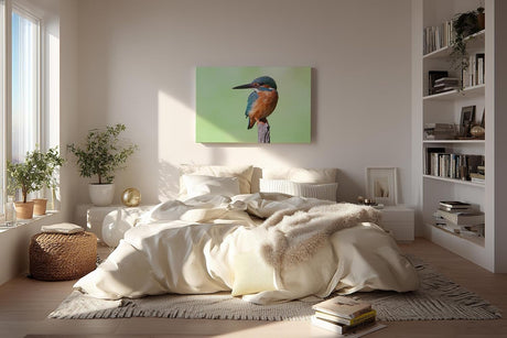 Sinus Art Wandbild 120x80cm Leuchtend blauer Eisvogel auf Ast vor ruhigem Hintergrund – naturgetreue Darstellung