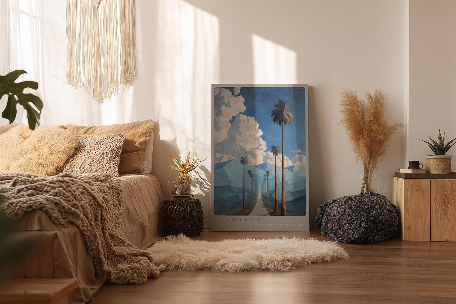 Paul Sinus Wandbild in 40x60cm The Sky Road mit Palmenallee und dramatischem Wolkenhimmel vor blauen Bergen für eindrucksvolle Wandgestaltung