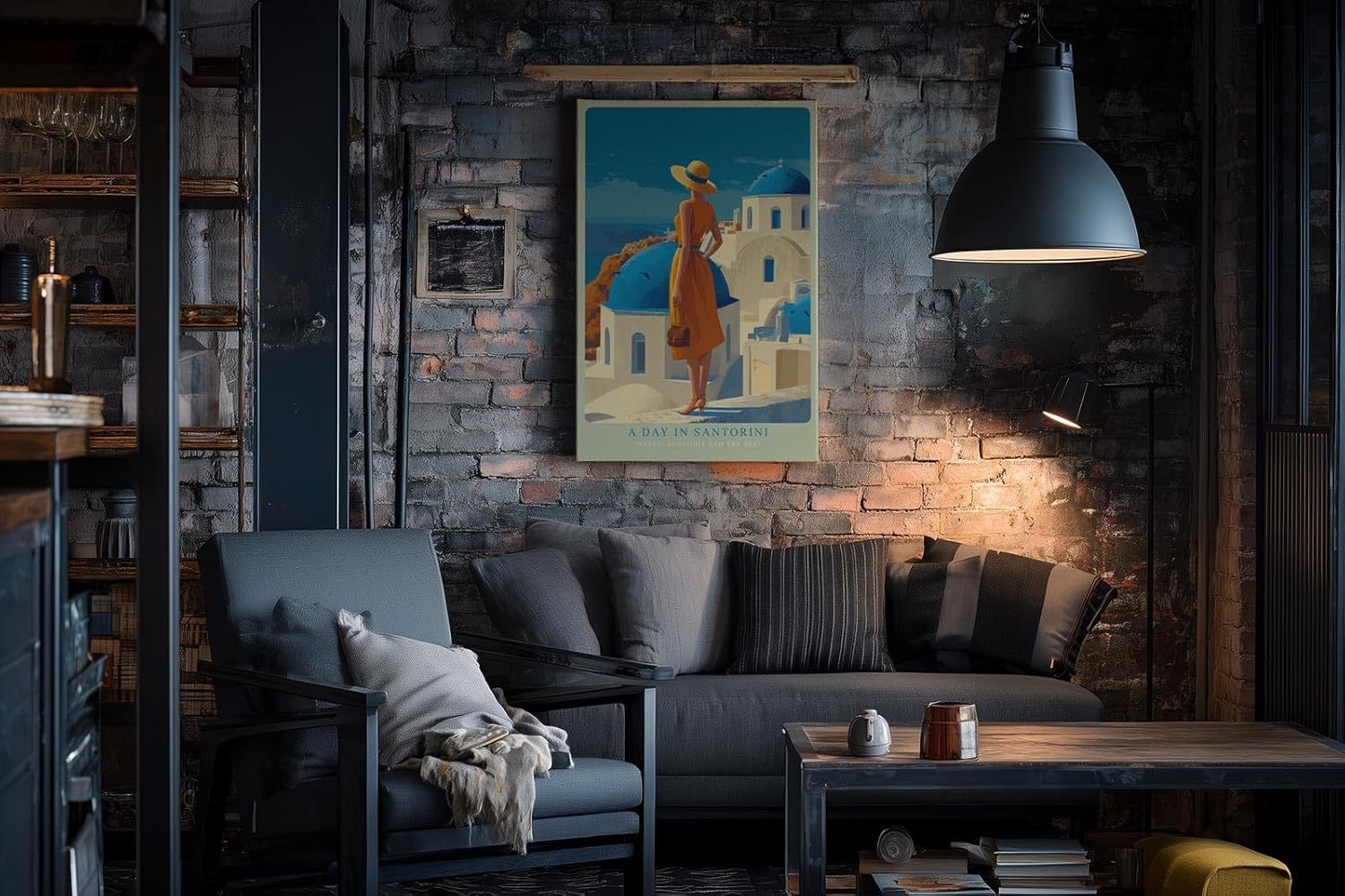 Paul Sinus Wandbild in 40x60cm A Day in Santorini – Frau in orangefarbenem Kleid mit Strohhut vor blau-weißen Kuppeln, sonnige Mittelmeerstimmung