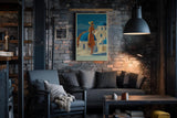 Paul Sinus Wandbild in 40x60cm A Day in Santorini – Frau in orangefarbenem Kleid mit Strohhut vor blau-weißen Kuppeln, sonnige Mittelmeerstimmung
