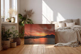 Sinus Art Wandbild 120x80cm Atmosphärisches Hafenszenario mit Silhouetten und leuchtendem Himmel über markanter Vulkanform
