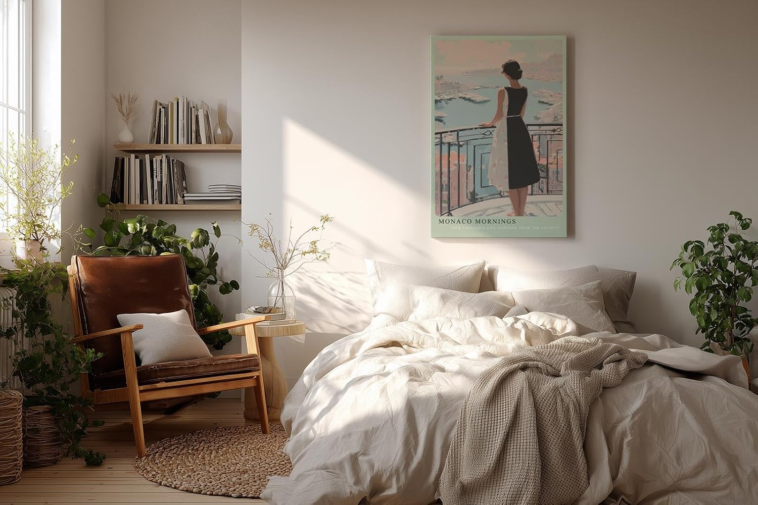 Paul Sinus Wandbild in 40x60cm Monaco Mornings – Elegantes Porträt einer Frau auf einem Balkon mit Blick auf den Hafen von Monaco, moderne Bilder in warmen Pastelltönen
