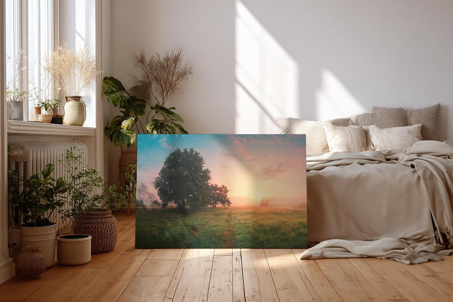 Sinus Art Wandbild 120x80cm Grüne Wiese im goldenen Morgenlicht mit Baumgruppe für eine friedliche Raumwirkung