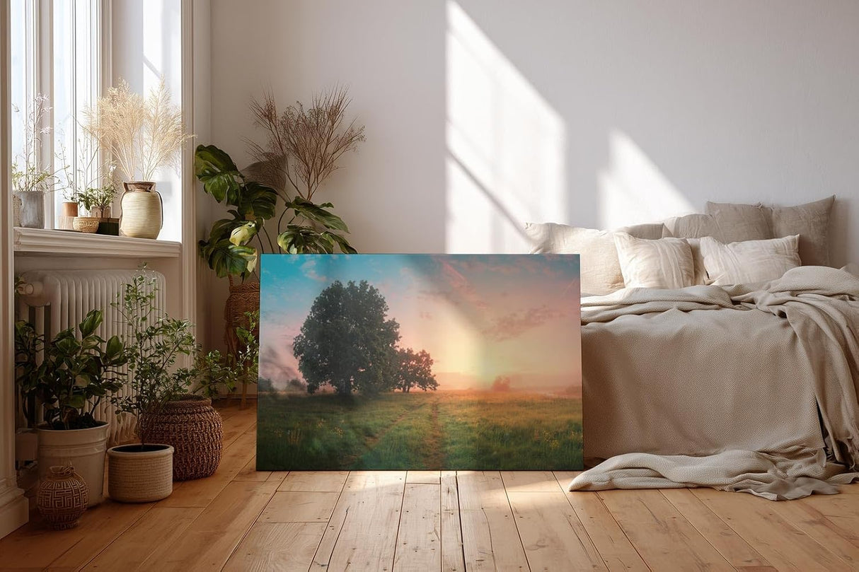 Sinus Art Wandbild 120x80cm Grüne Wiese im goldenen Morgenlicht mit Baumgruppe für eine friedliche Raumwirkung