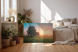 Sinus Art Wandbild 120x80cm Grüne Wiese im goldenen Morgenlicht mit Baumgruppe für eine friedliche Raumwirkung