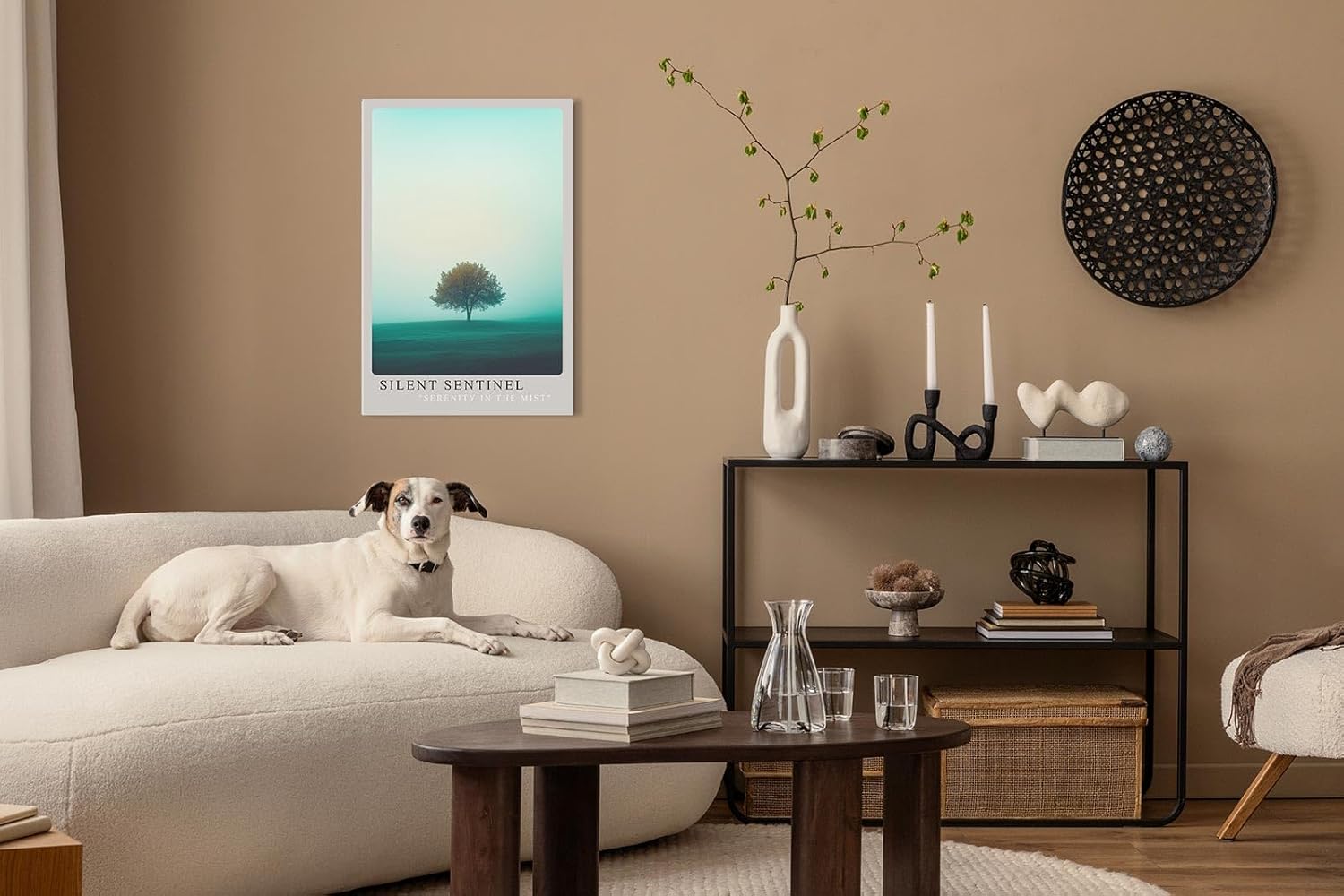 Paul Sinus Leinwandbild 40x60cm minimalistisches Landschaftsbild mit einsamem Baum im sanften Nebel, beruhigende Wandkunst