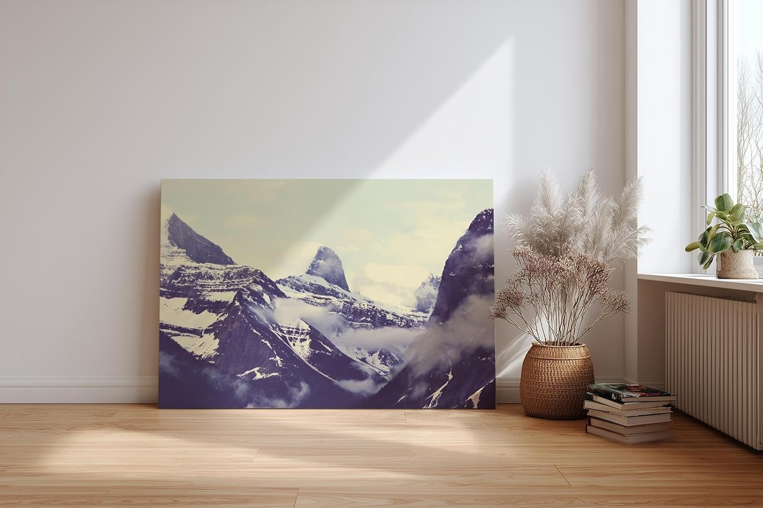Sinus Art Wandbild 120x80cm Schneebedeckte Berge und nebelverhangene Täler in beeindruckender Komposition