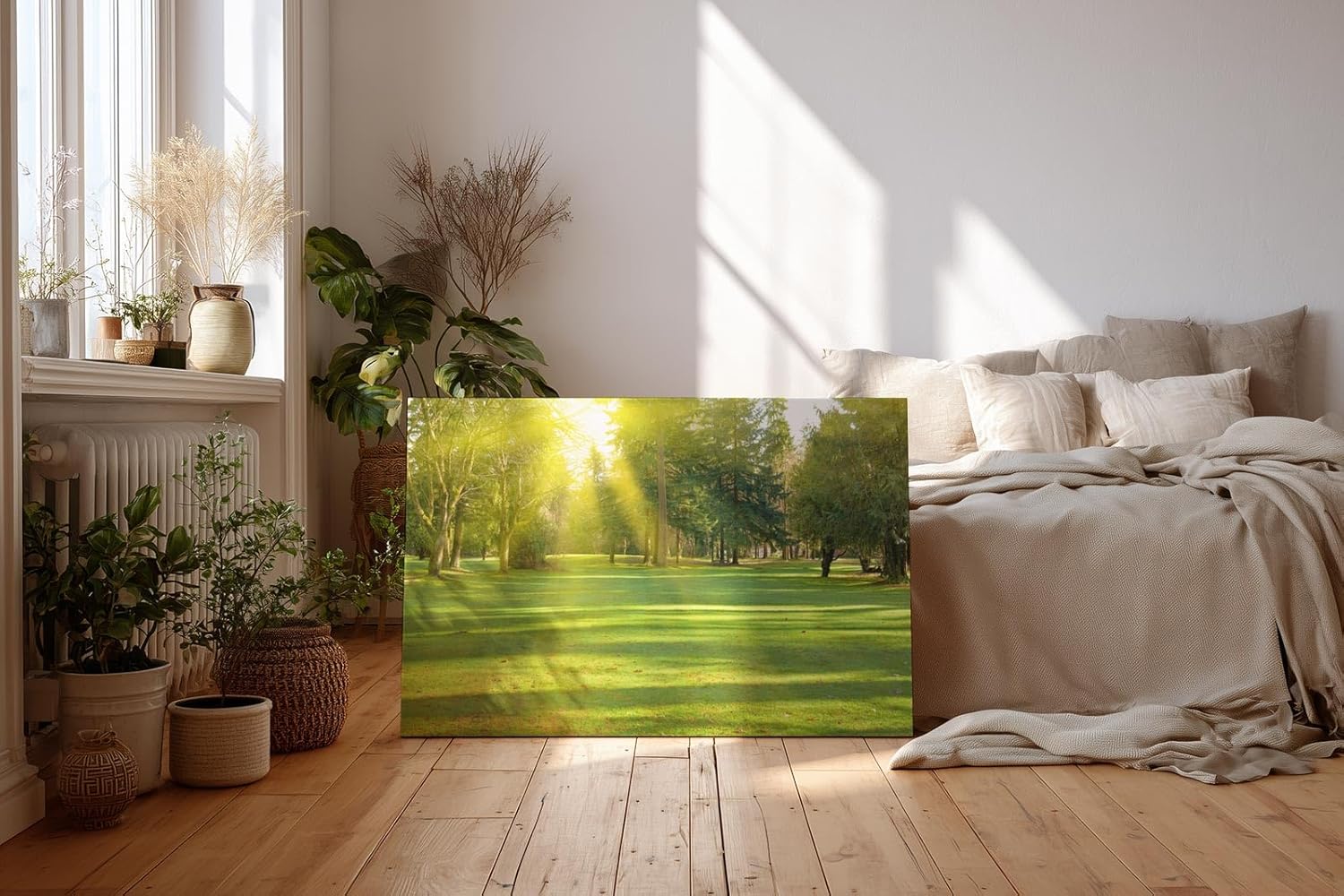 Sinus Art Wandbild 120x80cm Lichtdurchfluteter Wald mit kräftigem Grün und sanftem Schattenwurf