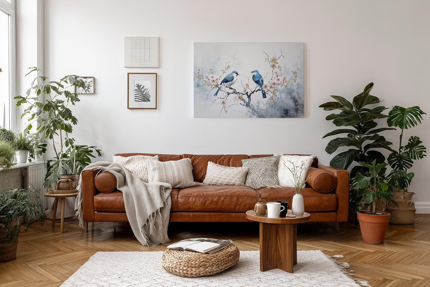 Sinus Art Wandbild 120x80cm Detailreiches Naturmotiv mit zwei blauen Vögeln auf blühendem Ast – filigran und stimmungsvoll gestaltet