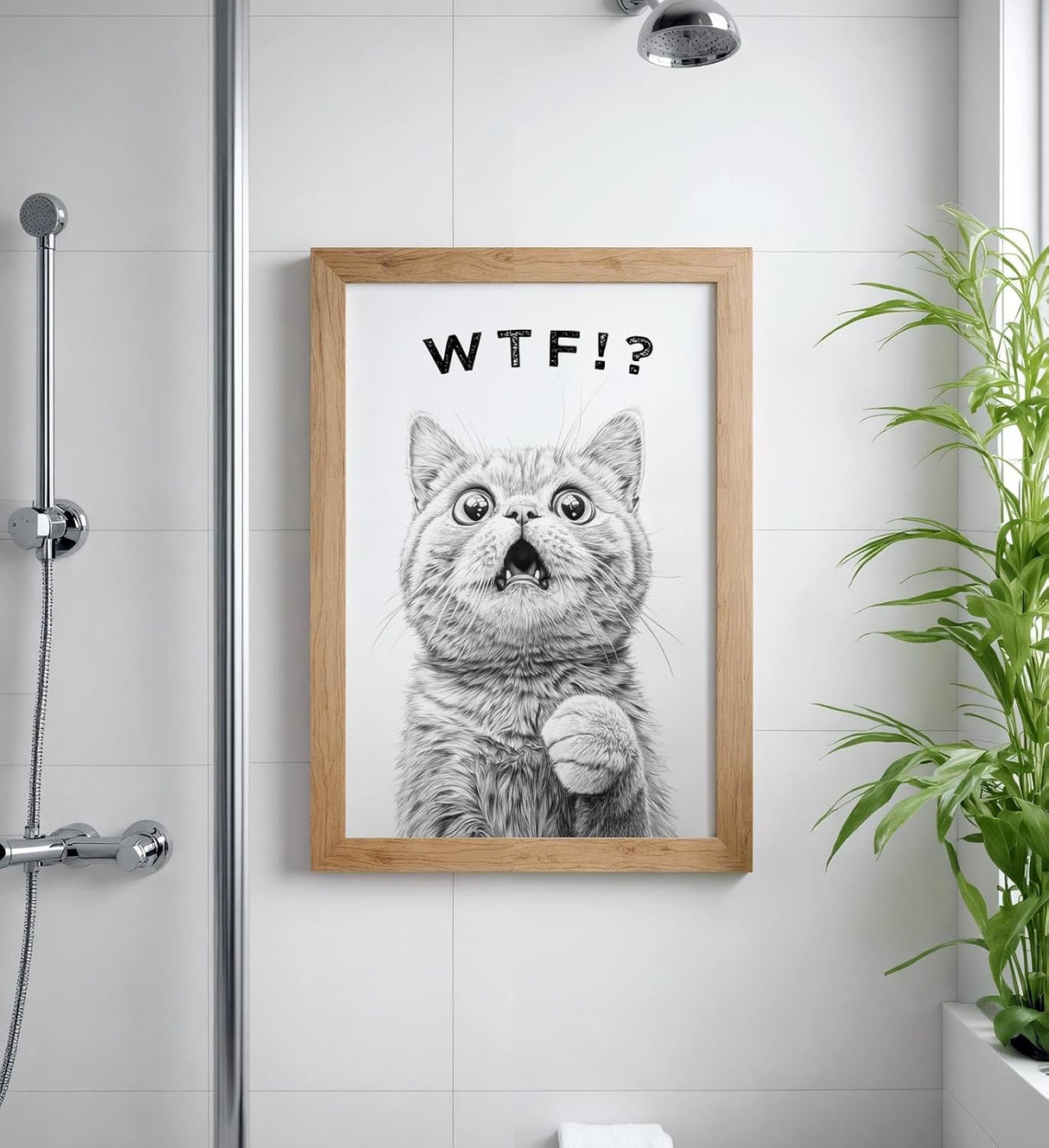 Paul Sinus Poster/Leinwandbild/Rahmenoption – Überraschtes Kätzchen „WTF!?“ – Lustige WC-Deko für dein Badezimmer