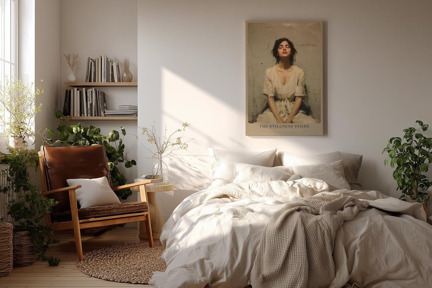 Paul Sinus Wandbild in 40x60cm The Stillness Inside Serene Woman in White Dress with Eyes Closed in Peaceful Minimalist Setting