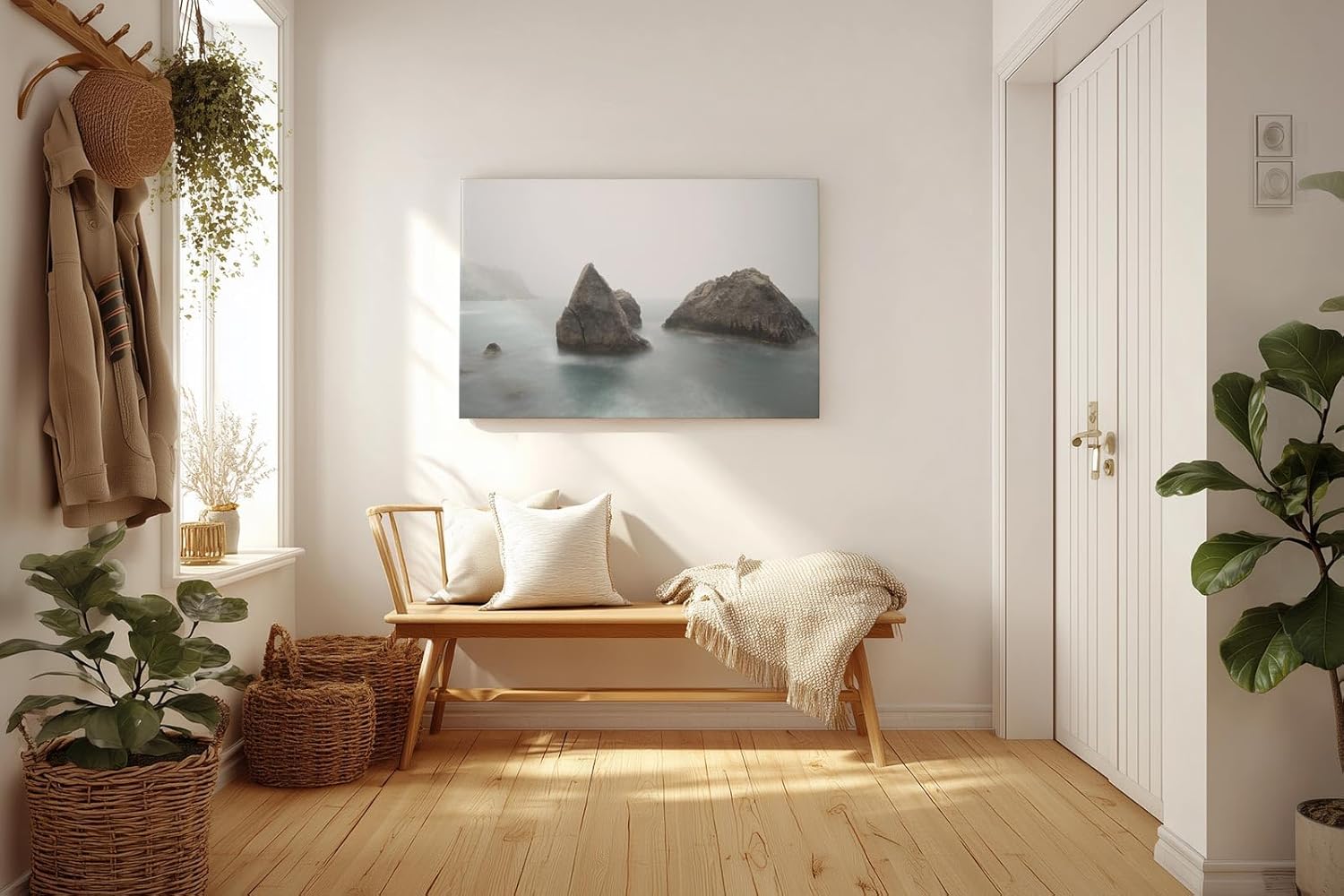 Sinus Art Wandbild 120x80cm Geheimnisvolle Küstenstimmung mit Felsformationen in nebelverhüllter See