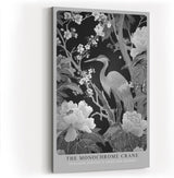 Paul Sinus Wandbild in 40x60cm The Monochrome Crane mit Kranich und Blüten in Schwarz-Weiß-Optik für stilvolle Wandgestaltung