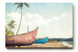 Sinus Art Wandbild 120x80cm Farbige Boote auf Sandstrand mit Palmen und tropischem Himmel im nostalgischen Stil