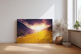 Sinus Art Wandbild 120x80cm Sonnenuntergang taucht Bergwiese in goldenes Licht mit dramatischem Himmel