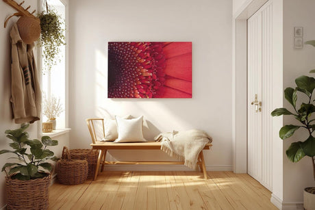 Sinus Art Wandbild 120x80cm Faszinierende Nahaufnahme einer roten Blüte mit klar erkennbarer Struktur und Tiefenwirkung
