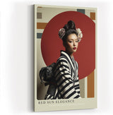 Paul Sinus Wandbild in 40x60cm Red Sun Elegance Porträt einer Frau im gestreiften Kimono vor rotem Kreis mit floralen Haarakzenten für elegante Raumgestaltung