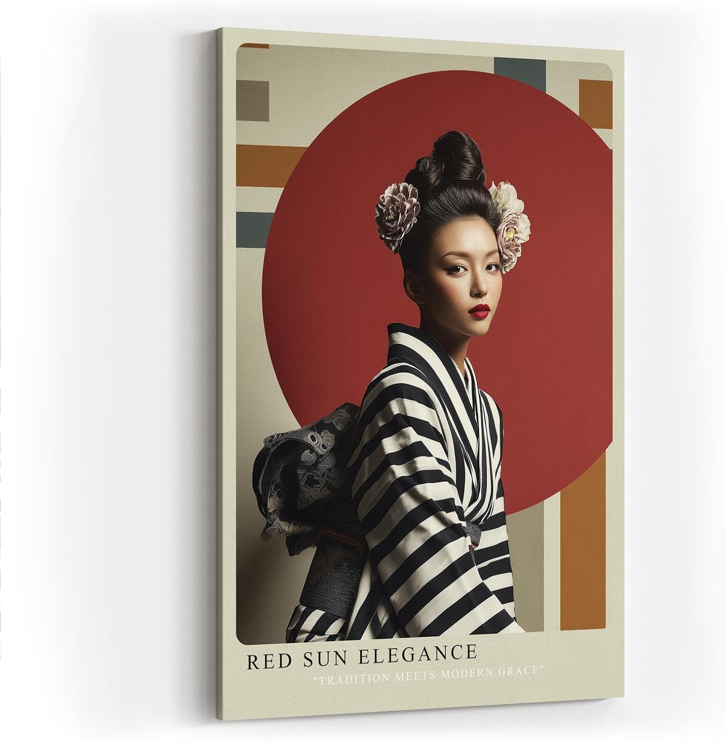 Paul Sinus Wandbild in 40x60cm Red Sun Elegance Porträt einer Frau im gestreiften Kimono vor rotem Kreis mit floralen Haarakzenten für elegante Raumgestaltung