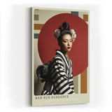 Paul Sinus Wandbild in 40x60cm Red Sun Elegance Porträt einer Frau im gestreiften Kimono vor rotem Kreis mit floralen Haarakzenten für elegante Raumgestaltung