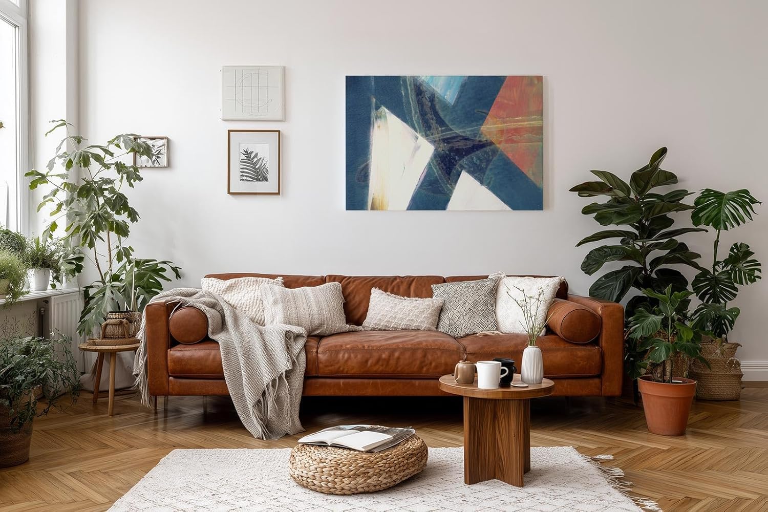 Sinus Art Wandbild 120x80cm Überschneidende Dreiecke in Blau, Weiß und Orange mit pastosen Farbspuren