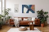 Sinus Art Wandbild 120x80cm Überschneidende Dreiecke in Blau, Weiß und Orange mit pastosen Farbspuren