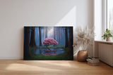 Sinus Art Wandbild 120x80cm Blühender Kirschbaum am Wasser im Mondlicht zwischen dunklen Bäumen für magische Wirkung