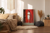 Paul Sinus Wandbild in 40x60cm Frau in weißem Kleid an roter Tür – elegantes Porträt mit zeitloser Ausstrahlung