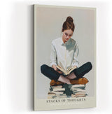 Paul Sinus Wandbild in 40x60cm Stacks of Thoughts – Poetisches Porträt einer jungen Frau, sitzend auf Bücherstapeln und lesend, moderne Bilder in warmen Farbtönen, ruhig und inspirierend