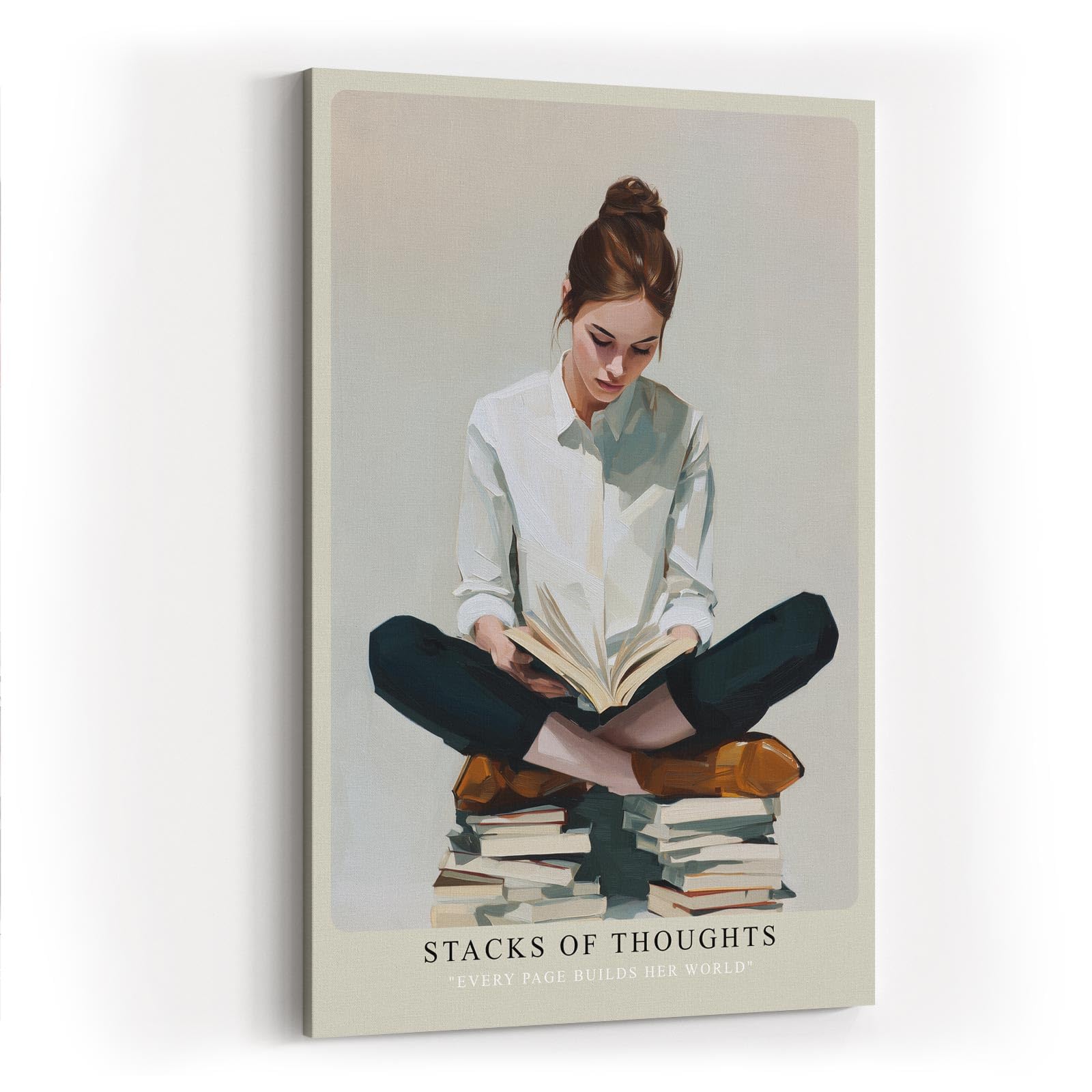 Paul Sinus Wandbild in 40x60cm Stacks of Thoughts – Poetisches Porträt einer jungen Frau, sitzend auf Bücherstapeln und lesend, moderne Bilder in warmen Farbtönen, ruhig und inspirierend