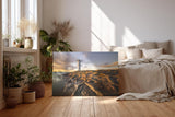 Sinus Art Wandbild 120x80cm Faszinierendes Motiv eines Leuchtturms auf strukturierten Felsen im Abendlicht