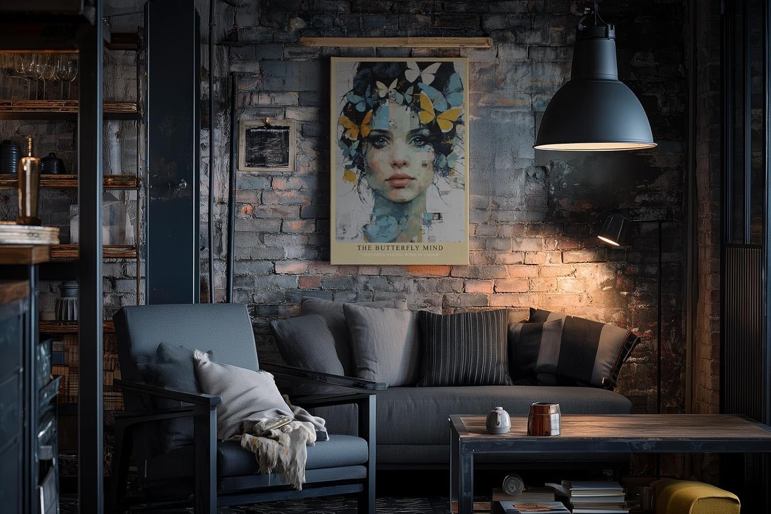Paul Sinus Wandbild in 40x60cm The Butterfly Mind – farbintensives Porträt einer Frau mit Schmetterlingen im Haar in moderner Kunstoptik