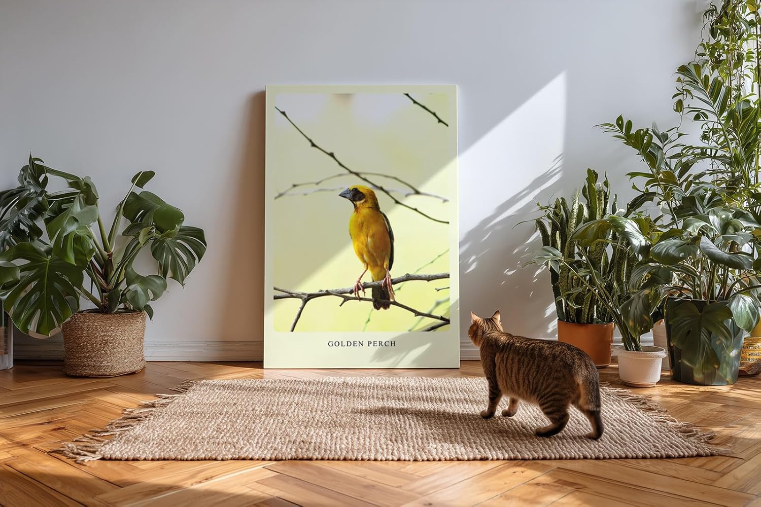 Paul Sinus Kunstdruck 40x60cm Golden Perch mit gelbem Singvogel auf Ast vor hellem Hintergrund