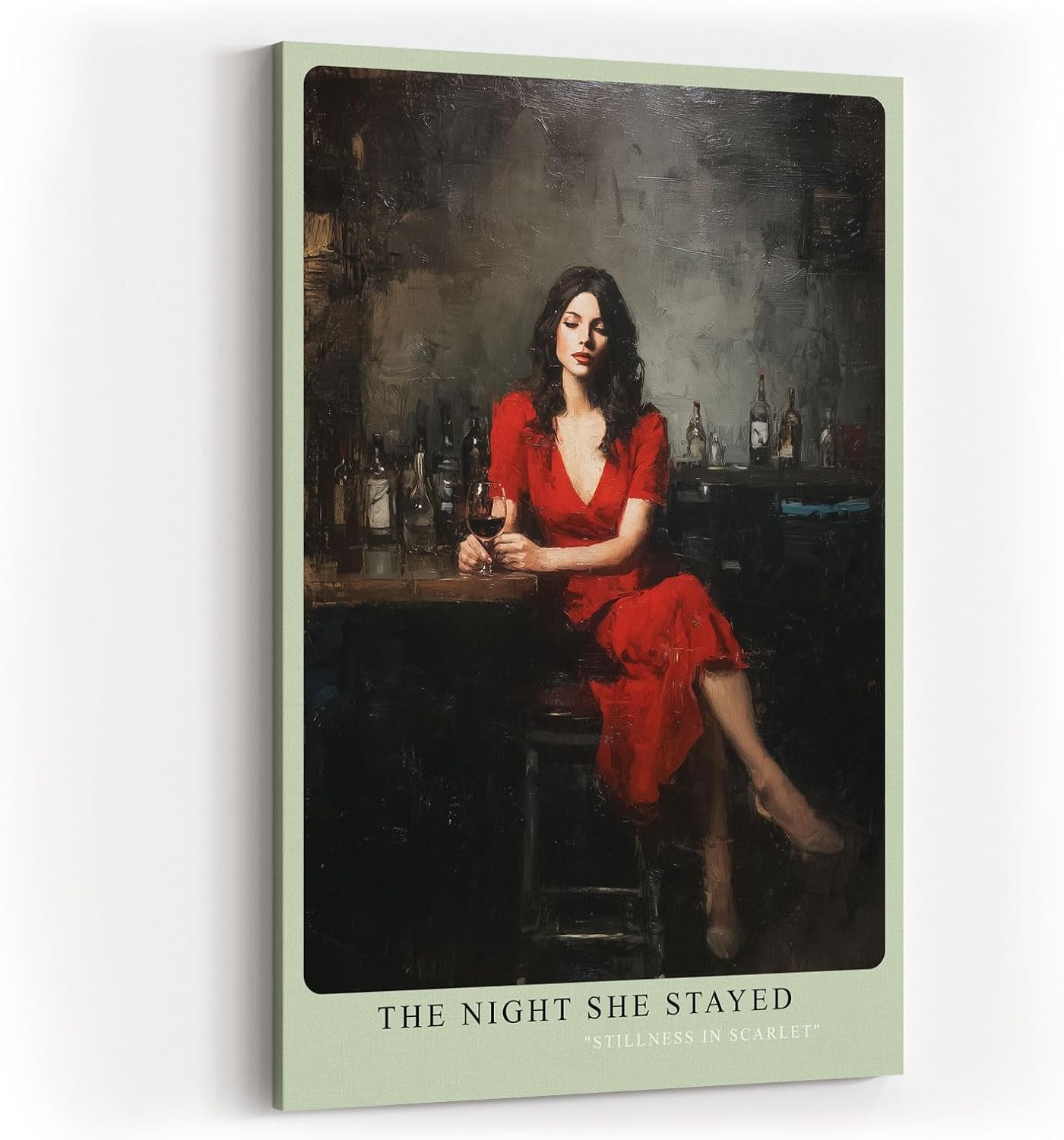 Paul Sinus Wandbild in 40x60cm The Night She Stayed Frau im roten Kleid in Bar-Szene mit Glas Wein in atmosphärischem Ölmalstil