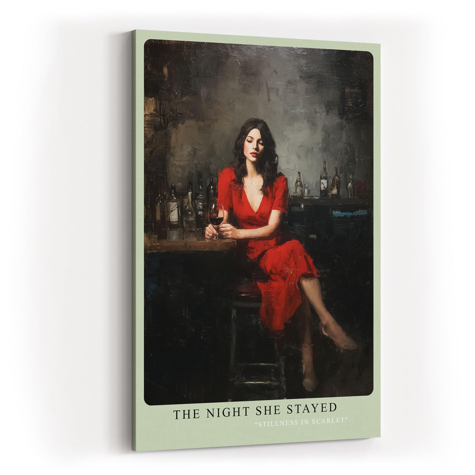 Paul Sinus Wandbild in 40x60cm The Night She Stayed Frau im roten Kleid in Bar-Szene mit Glas Wein in atmosphärischem Ölmalstil