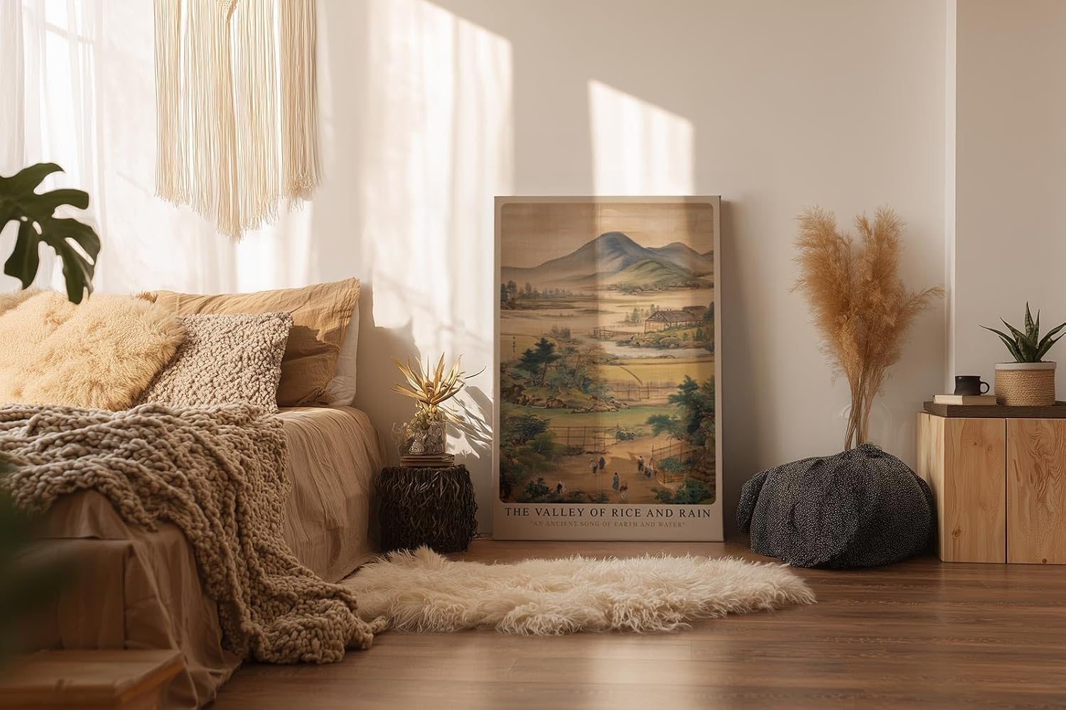 Paul Sinus Wandbild in 40x60cm The Valley of Rice and Rain – Traditionelle Landschaftsmalerei mit Reisfeldern, Bergen und Dorfszenen