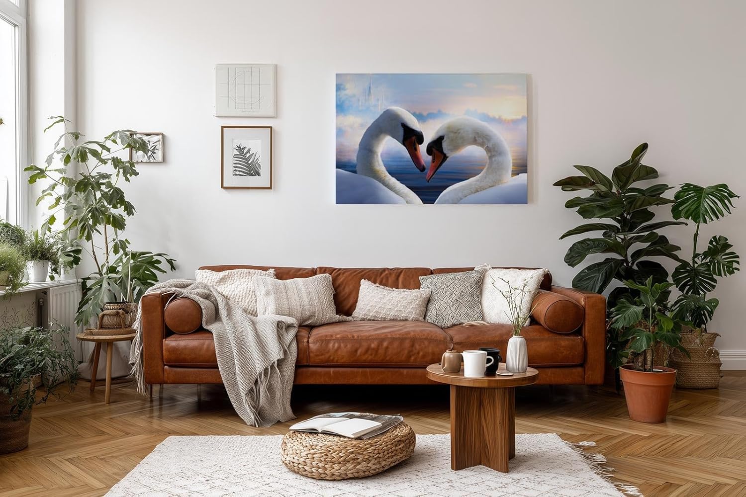 Sinus Art Wandbild 120x80cm Romantisches Schwanenmotiv mit Herzform und märchenhaftem Hintergrund