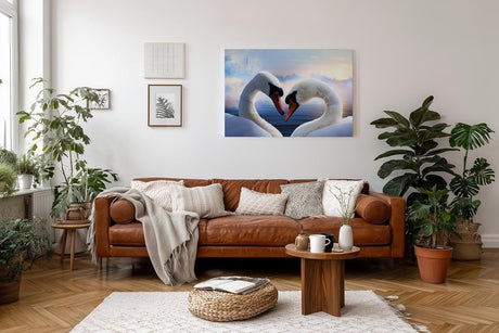 Sinus Art Wandbild 120x80cm Romantisches Schwanenmotiv mit Herzform und märchenhaftem Hintergrund