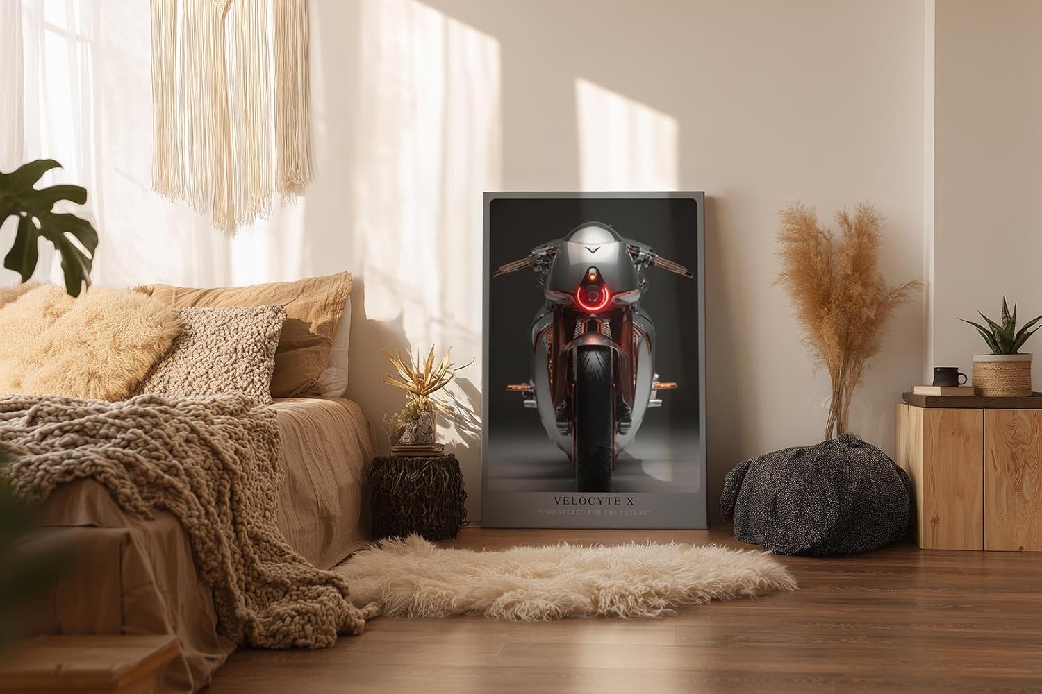 Paul Sinus Wandbild in 40x60cm Velocyte X – futuristisches Motorrad-Design in minimalistischer Perspektive mit markantem Rücklicht