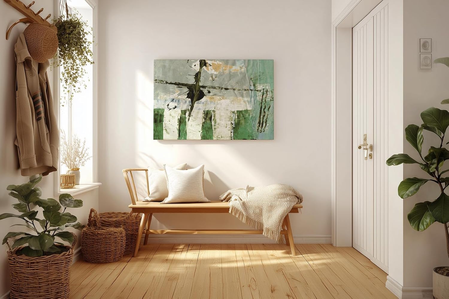 Sinus Art Wandbild 120x80cm Grüne und weiße Pinselstrukturen mit vertikalen Elementen und abstrakten Flächen