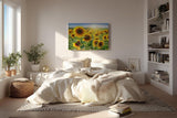 Sinus Art Wandbild 120x80cm Sonnenblumen in voller Blüte unter strahlender Sonne mit tiefer Perspektive