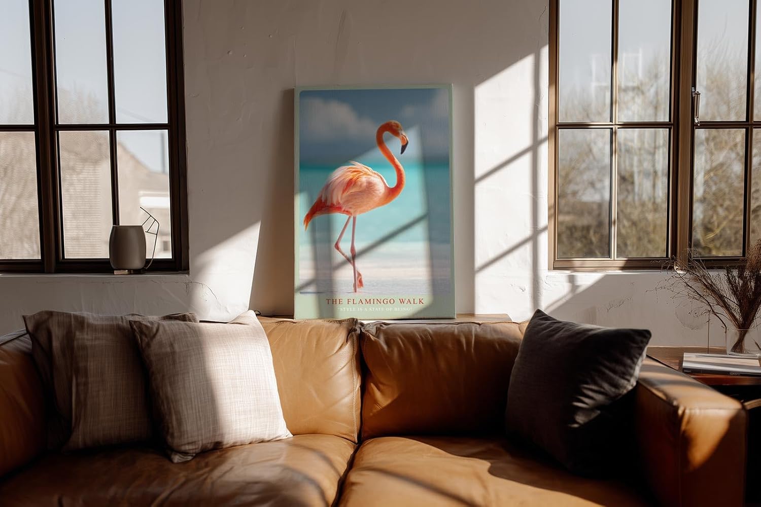 Paul Sinus Wandbild in 40x60cm The Flamingo Walk Eleganter Flamingo am Strand mit türkisfarbenem Meer im Hintergrund für stilvolle Raumgestaltung