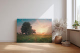 Sinus Art Wandbild 120x80cm Grüne Wiese im goldenen Morgenlicht mit Baumgruppe für eine friedliche Raumwirkung